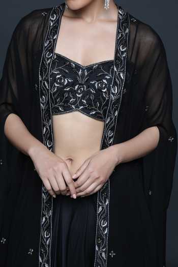 Sanjev Marwaaha_Black Modal Embellished Floral Sweetheart Neck Cape And Dhoti Skirt Set_Online_at_Aza_Fashions
