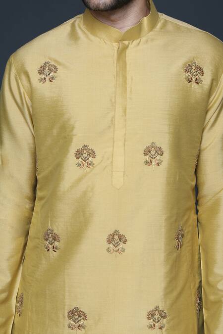Buy_Sanjev Marwaaha_Yellow Cotton, Silk Embroidery Hand Motif Kurta And Pant Set_Online_at_Aza_Fashions