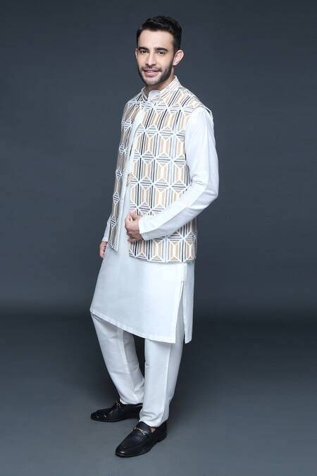 Sanjev Marwaaha_Ivory Cotton, Silk Applique Embroidered Bundi Kurta Set_Online_at_Aza_Fashions