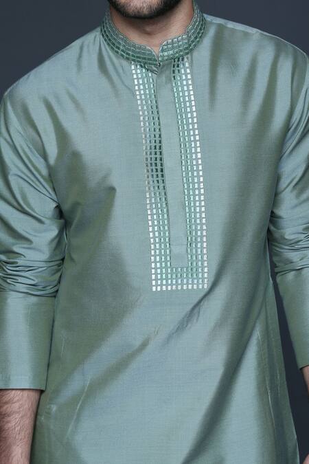 Buy_Sanjev Marwaaha_Green Cotton, Silk Embroidery Resham Placket Kurta Set_Online_at_Aza_Fashions