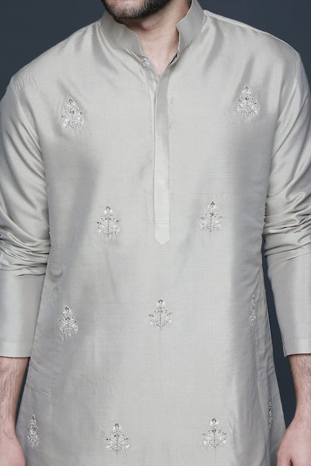 Buy_Sanjev Marwaaha_Grey Cotton Silk Embroidered Resham Thread Work Floral Kurta Set _Online_at_Aza_Fashions