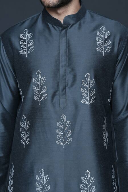 Buy_Sanjev Marwaaha_Grey Cotton, Silk Embroidery Leaf Kurta Set_Online_at_Aza_Fashions