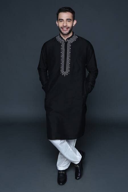 Sanjev Marwaaha_Black Cotton, Silk Embroidery Mandarin Collar Kurta Set_Online_at_Aza_Fashions