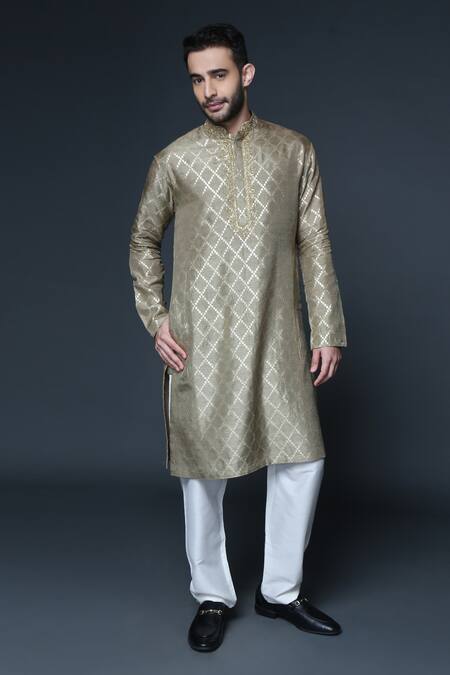Sanjev Marwaaha_Green Cotton Silk Embroidered Zari Work Placket Kurta Set _Online_at_Aza_Fashions