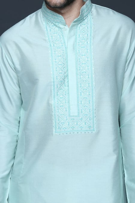 Sanjev Marwaaha_Green Cotton, Silk Embroidery Geometric Mandarin Collar Kurta Set_Online_at_Aza_Fashions