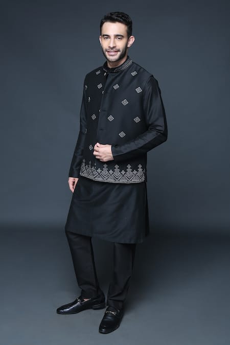 Sanjev Marwaaha_Black Cotton, Silk Sequins, Cut Work, Geometric Embellished Bundi Kurta Set_Online_at_Aza_Fashions