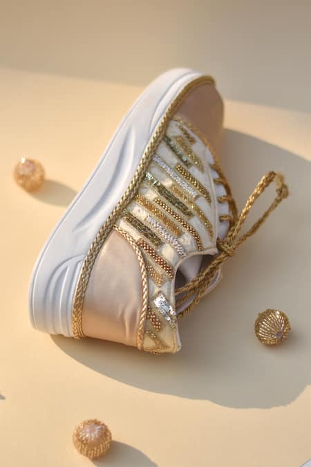 Shop Around Always Gold Leo Pearl Embroidered Sneakers at Aza Fashions Shop_Around Always_Gold Leo Pearl Embroidered Sneakers _at_Aza_Fashions
