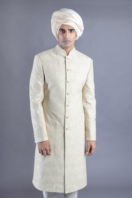 Abhishek Gupta_Beige Cotton  Lining Printed Embroidered Sherwani And Kurta Set  _Online_at_Aza_Fashions