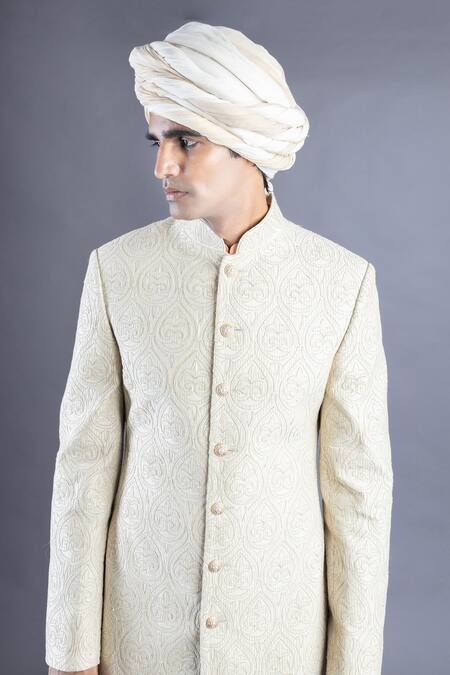 Buy_Abhishek Gupta_Beige Cotton  Lining Printed Embroidered Sherwani And Kurta Set  _Online_at_Aza_Fashions