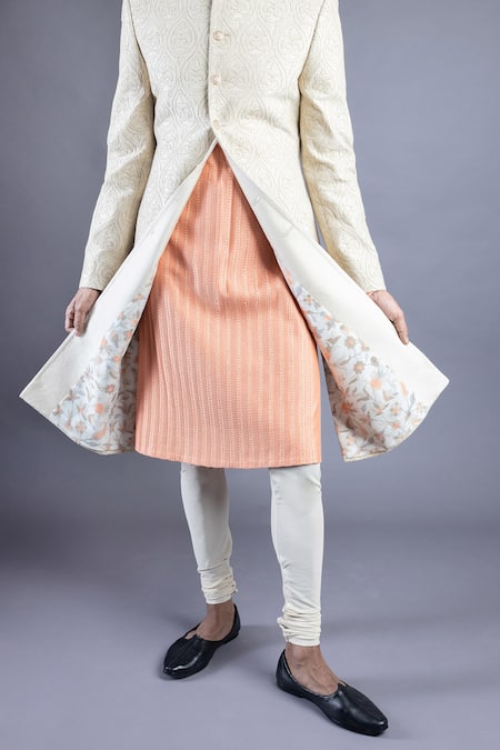 Shop_Abhishek Gupta_Beige Cotton  Lining Printed Embroidered Sherwani And Kurta Set  _Online_at_Aza_Fashions