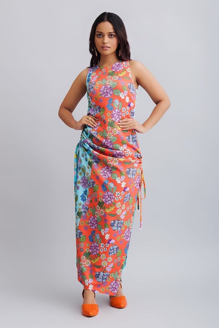 Buy_Nautanky_Orange Neoprene Floral Round Print Sleeveless Dress _Online_at_Aza_Fashions
