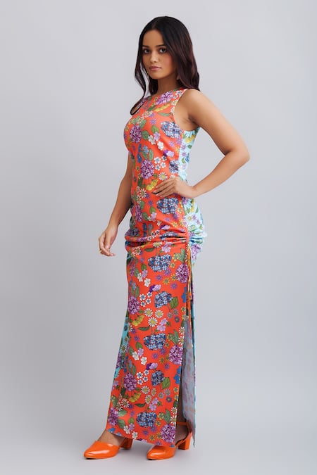 Shop_Nautanky_Orange Neoprene Floral Round Print Sleeveless Dress _Online_at_Aza_Fashions