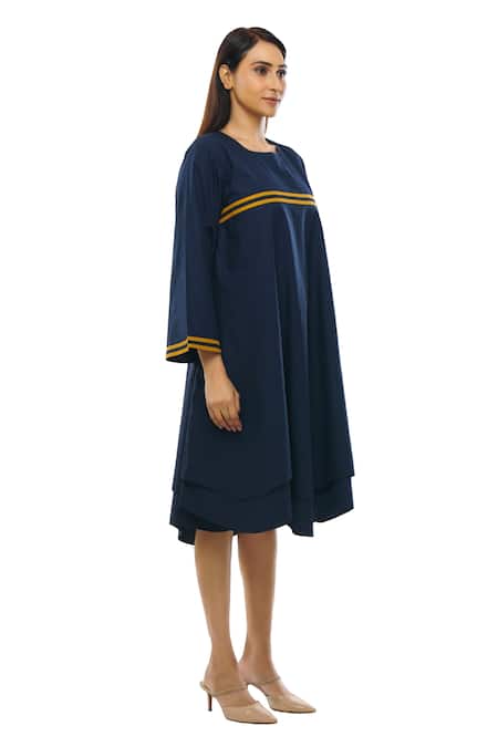 Shop Khat Blue Cotton, Poplin Square Neck Double Layered Flared Dress at Aza Fashions Shop_Khat_Blue Cotton, Poplin Square Neck Double Layered Flared Dress _at_Aza_Fashions
