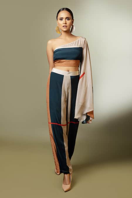 Buy Nautanky Multi Color Natural Crepe Asymmetric One Shoulder Crop Top And Pant Set Online at Aza Fashions Buy_Nautanky_Multi Color Natural Crepe Asymmetric One Shoulder Crop Top And Pant Set _Online_at_Aza_Fashions