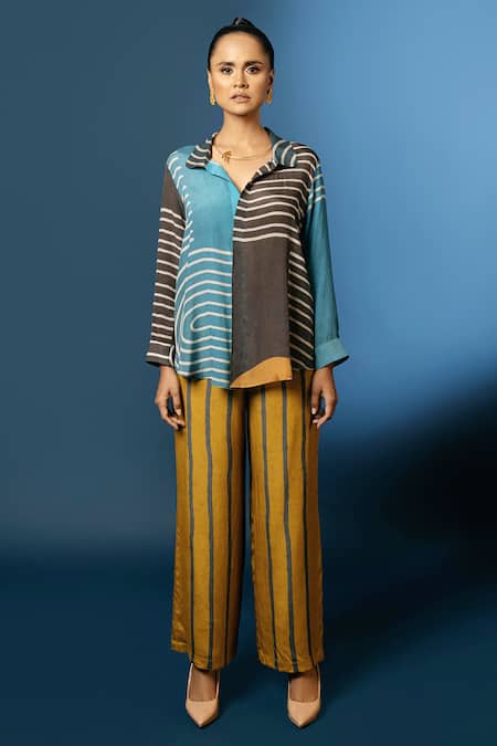 Buy_Nautanky_Blue Natural Crepe Spread Collar Printed Shirt And Pant Set _Online_at_Aza_Fashions