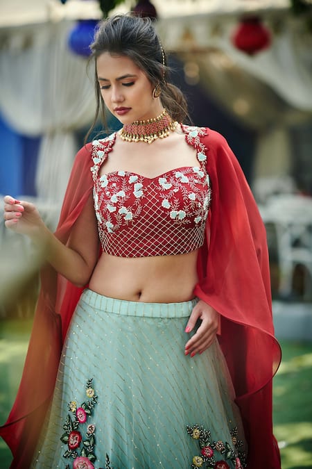 Powder White Lehenga Choli With Elaborate Balloon Sleeves And Multi Colored  Hand Embroidered Buttis | White lehenga, White lehenga choli, Lehenga