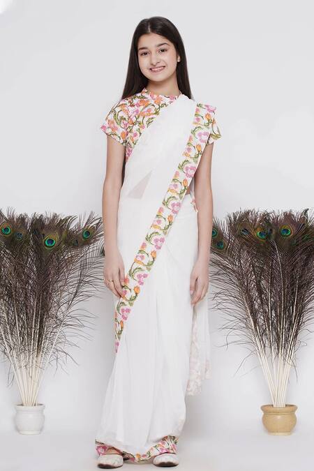 Shop Little Bansi White Saree Georgette Printed Floral Pre-draped With Blouse Online at Aza Fashions Shop_Little Bansi_White Saree Georgette Printed Floral Pre-draped With Blouse _Online_at_Aza_Fashions