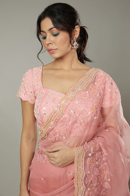 I Am Design_Pink Raw , Organza Floral Pattern, Candy Floss Embroidered Saree Set _Online_at_Aza_Fashions