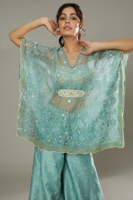 Shop I Am Design Blue Raw , Organza Peppermint Candy Embroidered Palazzo Set With Kaftan at Aza Fashions Shop_I Am Design_Blue Raw , Organza Peppermint Candy Embroidered Palazzo Set With Kaftan _at_Aza_Fashions