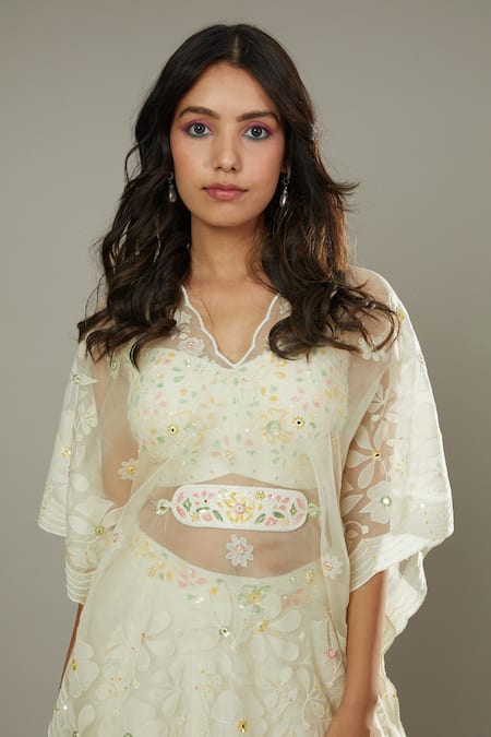 I Am Design Ivory Raw , Organza French Vanilla Embroidered Palazzo Set With Kaftan Online at Aza Fashions I Am Design_Ivory Raw , Organza French Vanilla Embroidered Palazzo Set With Kaftan _Online_at_Aza_Fashions
