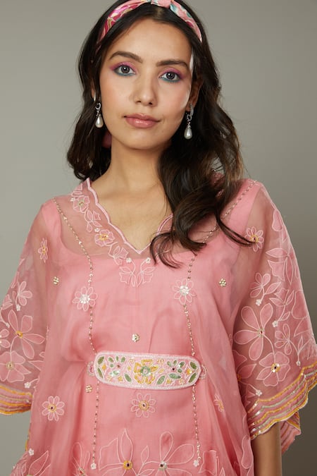 I Am Design Pink Chiffon, Silk Organza Floral Candy Floss Palazzo And Embroidered Kaftan Set Online at Aza Fashions I Am Design_Pink Chiffon, Silk Organza Floral Candy Floss Palazzo And Embroidered Kaftan Set _Online_at_Aza_Fashions