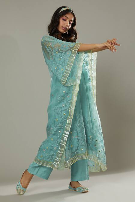 I Am Design_Blue Silk Organza Floral Appliques, Sequins Peppermint Candy Kaftan And Pant Set _Online_at_Aza_Fashions