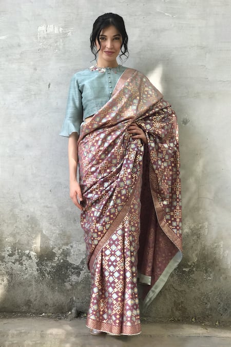 I Am Design_Purple Silk Ikat Print Pattern Saree _Online_at_Aza_Fashions