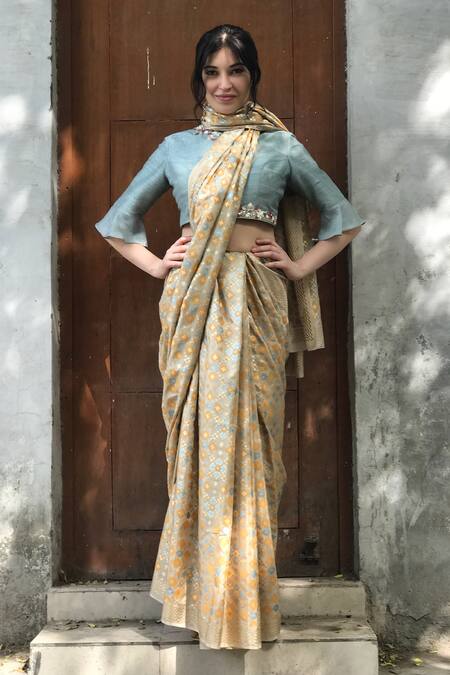 Buy_I Am Design_Beige Silk Ikat Print Saree _Online_at_Aza_Fashions