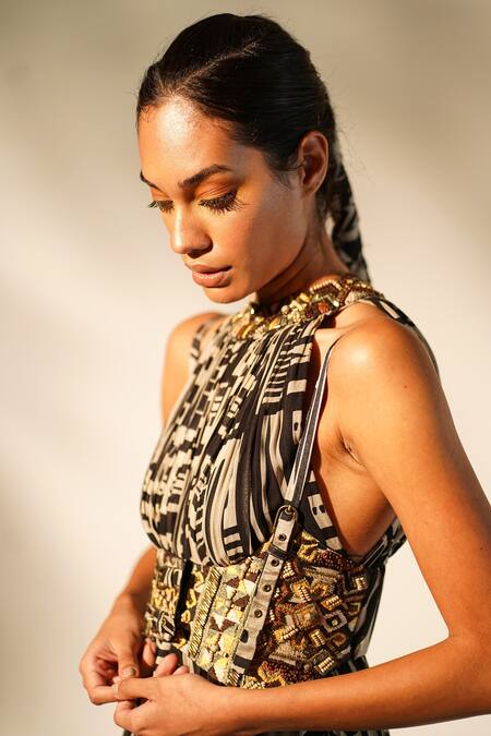 Buy_Nikita Mhaisalkar_White Silk Embroidery Halter Neck Abstract Print Gown _Online_at_Aza_Fashions