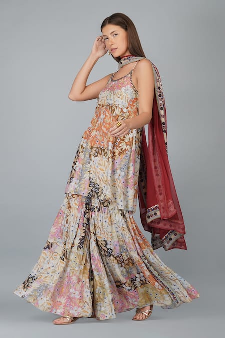 Devyani Mehrotra_Multi Color Viscose Muslin Printed Melange Scoop Neck Kurta Gharara Set_Online_at_Aza_Fashions