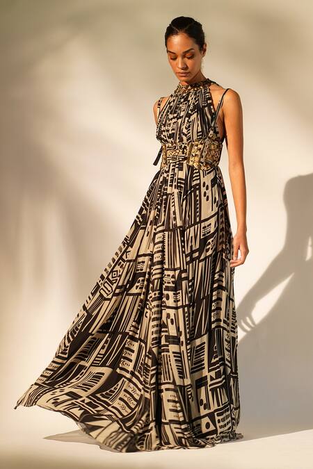 Shop_Nikita Mhaisalkar_White Silk Embroidery Halter Neck Abstract Print Gown _Online_at_Aza_Fashions