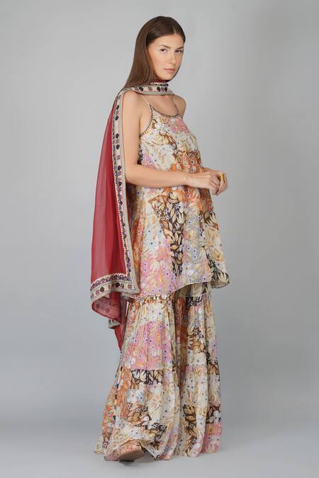 Buy_Devyani Mehrotra_Multi Color Viscose Muslin Printed Melange Scoop Neck Kurta Gharara Set_Online_at_Aza_Fashions