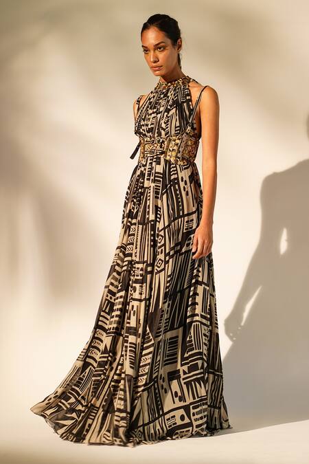 Nikita Mhaisalkar_White Silk Embroidery Halter Neck Abstract Print Gown _at_Aza_Fashions