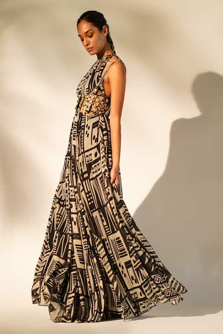 Buy_Nikita Mhaisalkar_White Silk Embroidery Halter Neck Abstract Print Gown 