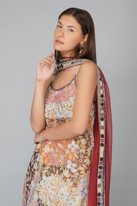 Devyani Mehrotra_Multi Color Viscose Muslin Printed Melange Scoop Neck Kurta Gharara Set_at_Aza_Fashions