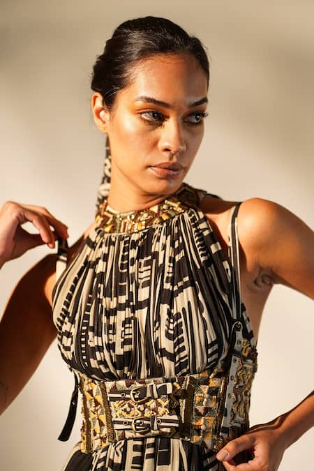 Shop_Nikita Mhaisalkar_White Silk Embroidery Halter Neck Abstract Print Gown 