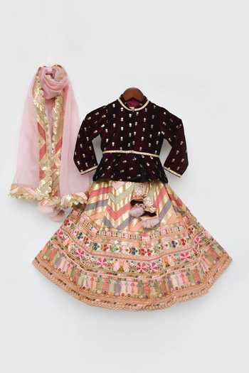 FAYON KIDS Maroon Velvet, Cotton, Silk Gota Patti, Embroidery, Sequins Flower Lehenga Set Online at Aza Fashions FAYON KIDS_Maroon Velvet, Cotton, Silk Gota Patti, Embroidery, Sequins Flower Lehenga Set _Online_at_Aza_Fashions