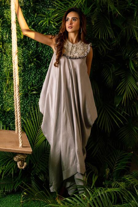 Shop Pallavi Poddar Grey Denim Beads, Embroidery Round Neck Cosmos Neckline Draped Jumpsuit Online at Aza Fashions Shop_Pallavi Poddar_Grey Denim Beads, Embroidery Round Neck Cosmos Neckline Draped Jumpsuit _Online_at_Aza_Fashions