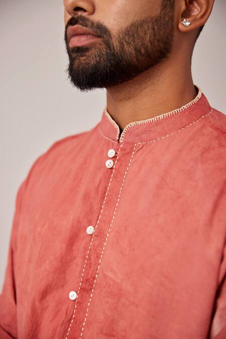 Buy_Pallavi Kandoi_Red Cotton Embroidery Hand-dyed Button-down Shirt _Online_at_Aza_Fashions