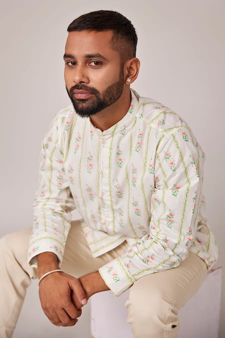 Pallavi Kandoi White Cotton Foliage Pattern Shirt Online at Aza Fashions Pallavi Kandoi_White Cotton Foliage Pattern Shirt _Online_at_Aza_Fashions