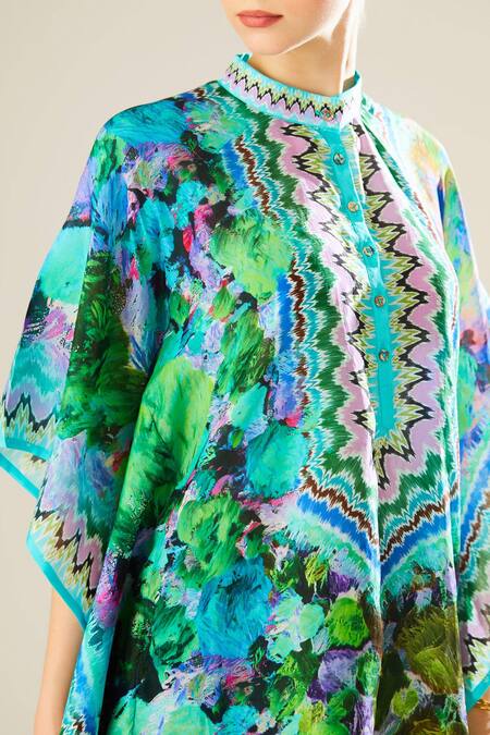 Rajdeep Ranawat_Blue Silk Embroidery Mandarin Collar Manju Floral Pattern Poncho Top_Online_at_Aza_Fashions