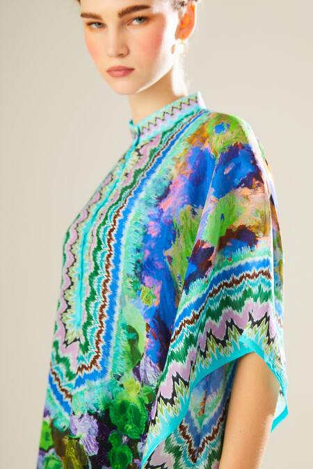 Buy_Rajdeep Ranawat_Blue Silk Embroidery Mandarin Collar Manju Floral Pattern Poncho Top_Online_at_Aza_Fashions