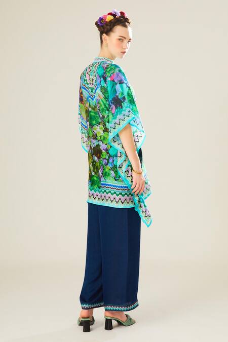 Shop_Rajdeep Ranawat_Blue Silk Embroidery Mandarin Collar Manju Floral Pattern Poncho Top_Online_at_Aza_Fashions