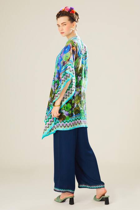 Rajdeep Ranawat_Blue Silk Embroidery Mandarin Collar Manju Floral Pattern Poncho Top_at_Aza_Fashions