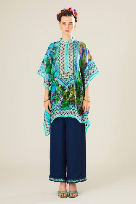 Buy_Rajdeep Ranawat_Blue Silk Embroidery Mandarin Collar Manju Floral Pattern Poncho Top