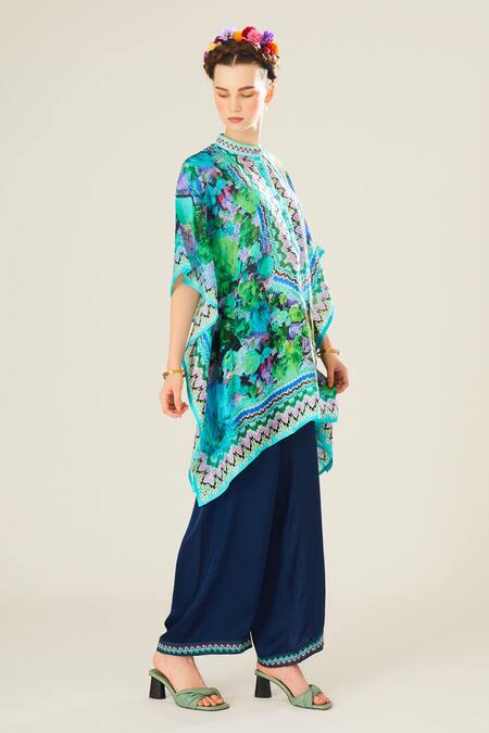 Shop_Rajdeep Ranawat_Blue Silk Embroidery Mandarin Collar Manju Floral Pattern Poncho Top