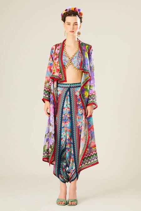 Shop_Rajdeep Ranawat_Multi Color Silk Beads, Embroidery Ursa Floral Pattern Jacket And Dhoti Pant Set_Online_at_Aza_Fashions