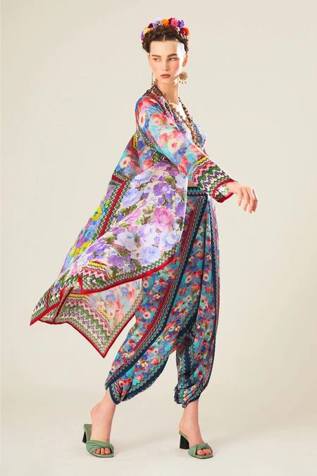 Shop_Rajdeep Ranawat_Multi Color Satin Printed Floral Sonth Botanical Dhoti Pant  _Online_at_Aza_Fashions