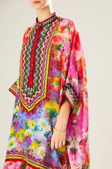 Shop Rajdeep Ranawat Multi Color Silk Embroidery Bandeau Neck Chanel Floral Pattern Tunic Online at Aza Fashions Shop_Rajdeep Ranawat_Multi Color Silk Embroidery Bandeau Neck Chanel Floral Pattern Tunic_Online_at_Aza_Fashions