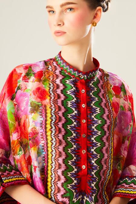 Rajdeep Ranawat Multi Color Silk Embroidery Bandeau Neck Chanel Floral Pattern Tunic at Aza Fashions Rajdeep Ranawat_Multi Color Silk Embroidery Bandeau Neck Chanel Floral Pattern Tunic_at_Aza_Fashions